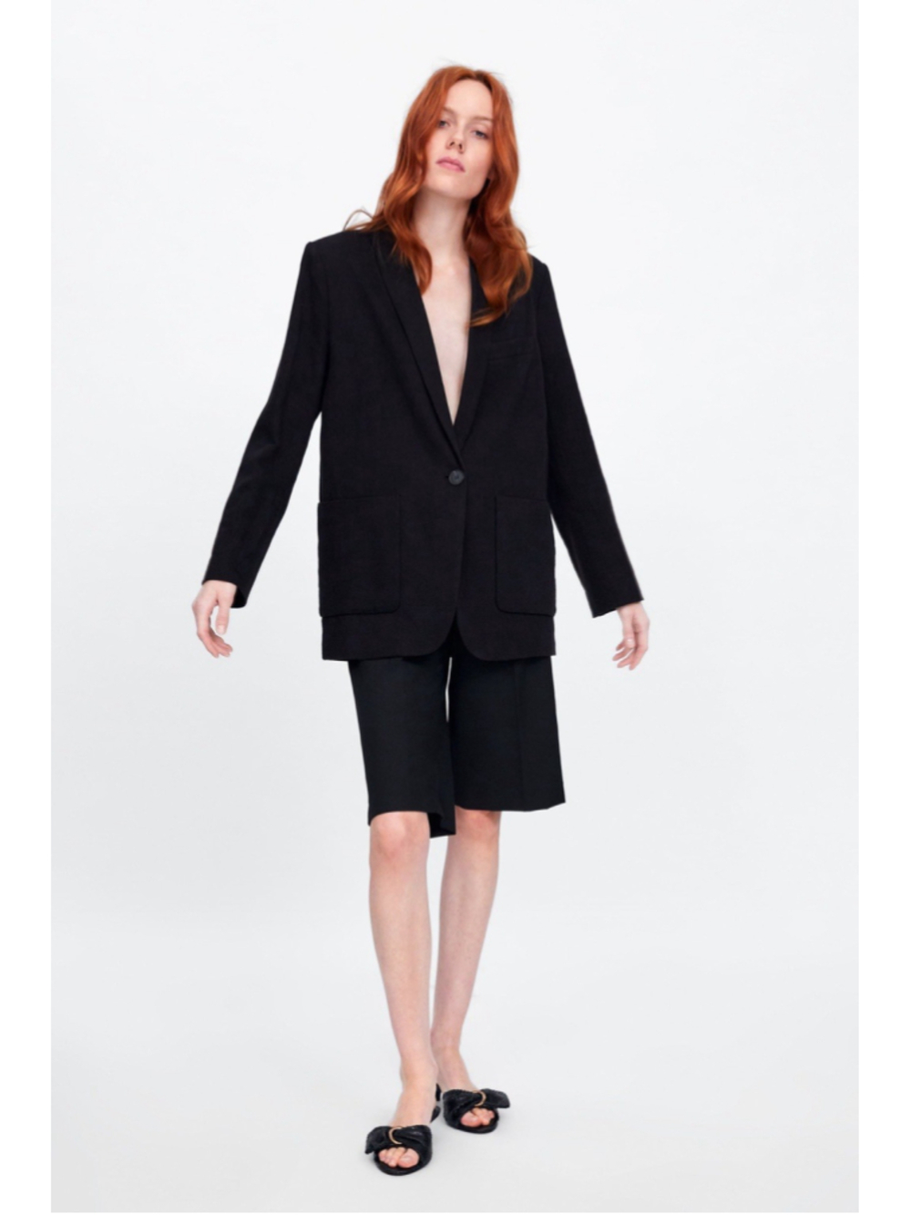 Zara Black Oversized Linen Cotton Blazer Textured Single Button Jacket S